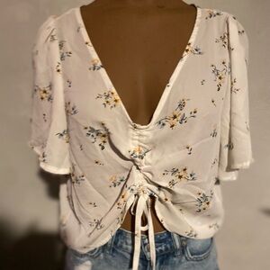 Floral White Top with Tie-Back